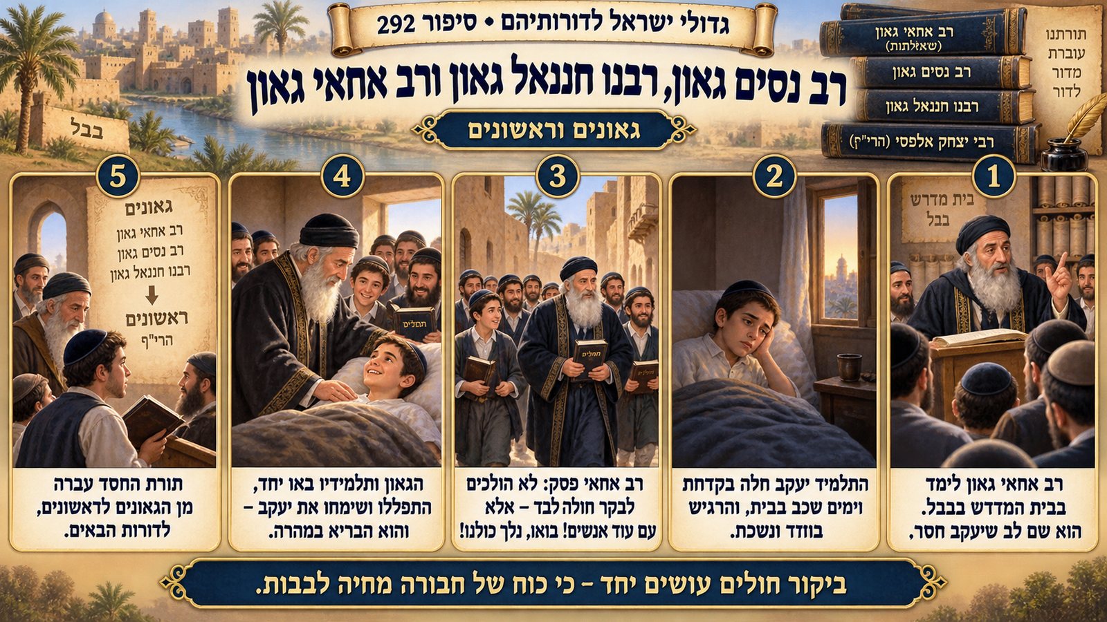 תמונת סיכום — גאונים וראשונים: רב נסים גאון, רבנו חננאל גאון ורב אחאי גאון